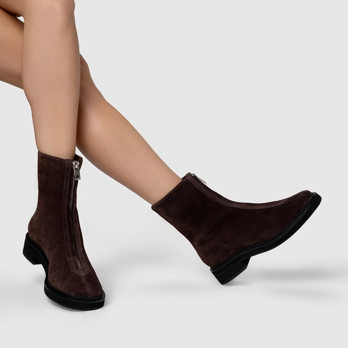 Bota Ziper Salto Bloco Couro Suede Marrom Ganache