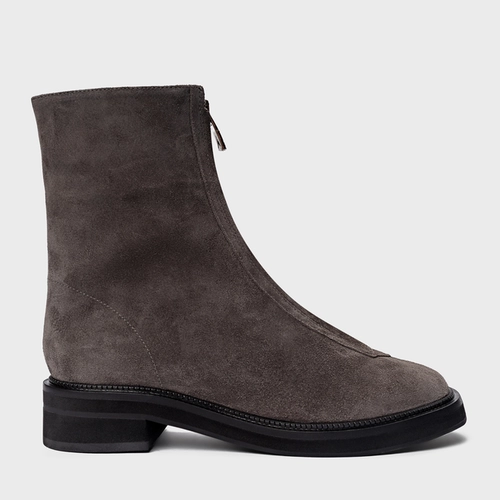 Bota Ziper Salto Bloco Couro Suede Cinza Grafite