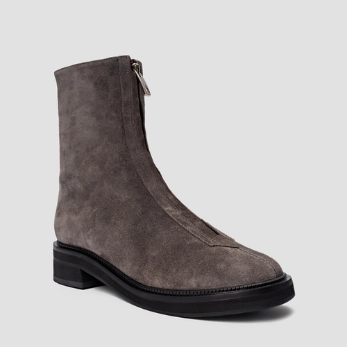 Bota Ziper Salto Bloco Couro Suede Cinza Grafite