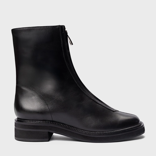 Bota Ziper Salto Bloco Couro Preto