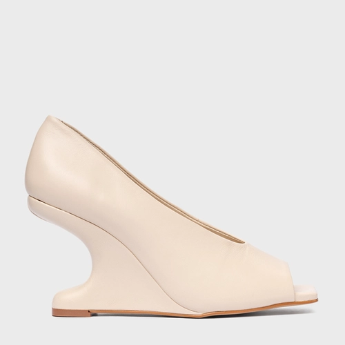 Scarpin Peep Toe Anabela Curve Couro Off White Cotton