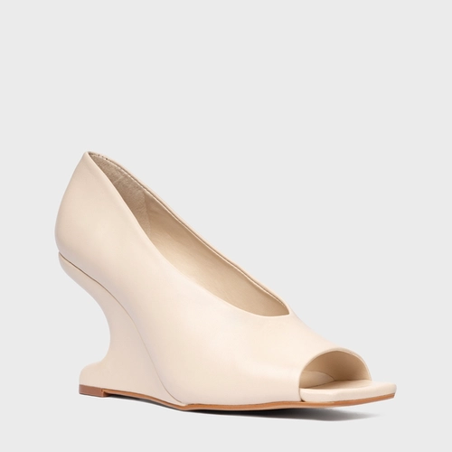 Scarpin Peep Toe Anabela Curve Couro Off White Cotton