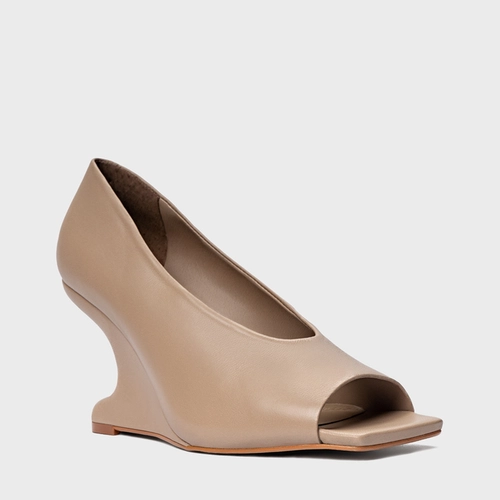 Scarpin Peep Toe Anabela Curve Couro Bege Funghi