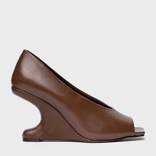 Scarpin Peep Toe Anabela Curve Couro Marrom Brownie