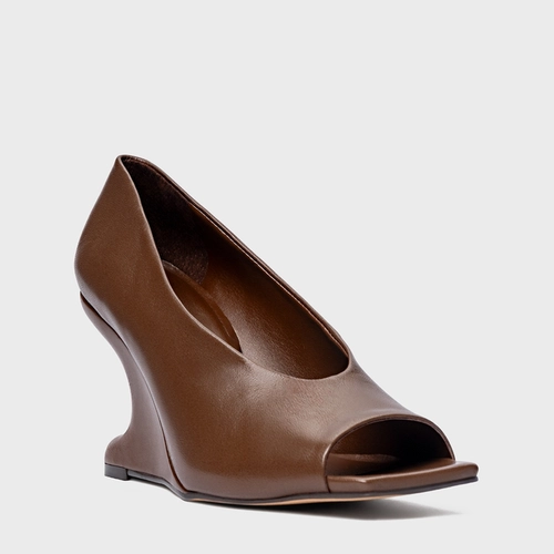 Scarpin Peep Toe Anabela Curve Couro Marrom Brownie
