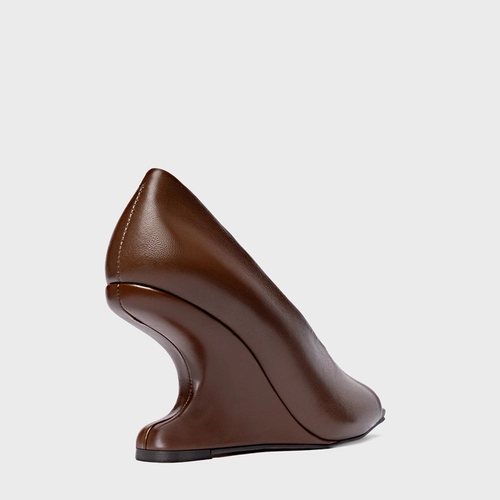 Scarpin Peep Toe Anabela Curve Couro Marrom Brownie