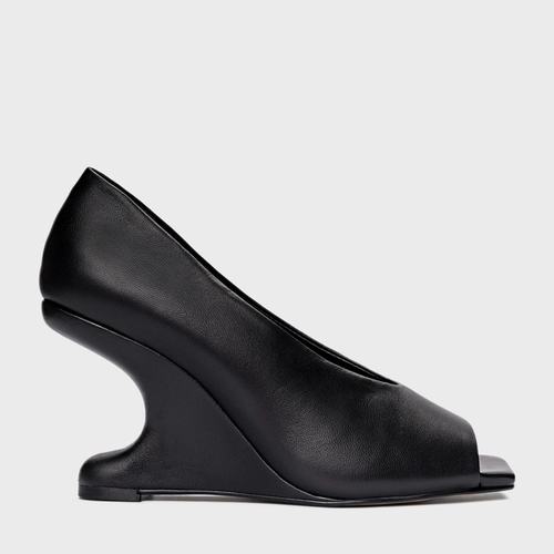 Scarpin Peep Toe Anabela Curve Couro Preto