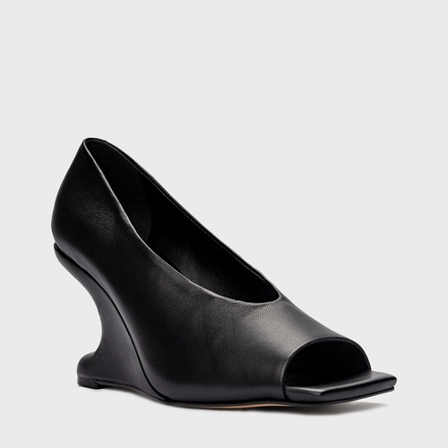 Scarpin Peep Toe Anabela Curve Couro Preto