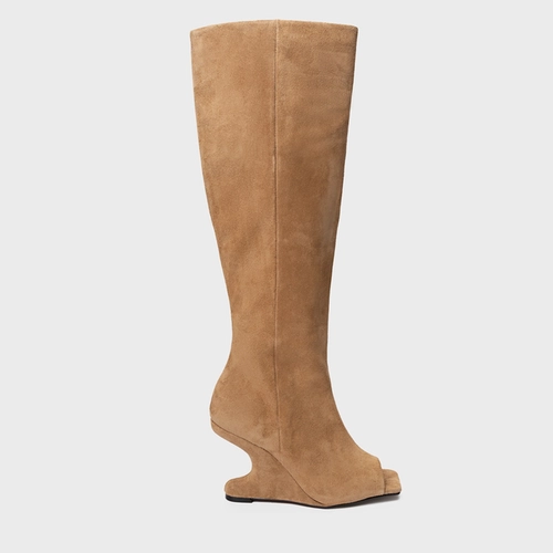 Bota Peep Toe Cano Alto Anabela Curve Couro Suede Bege Almond