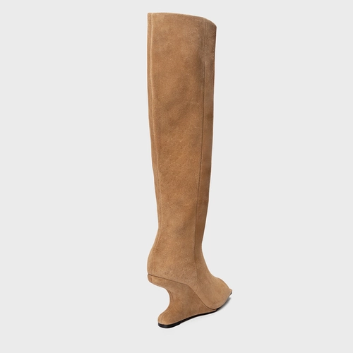 Bota Peep Toe Cano Alto Anabela Curve Couro Suede Bege Almond