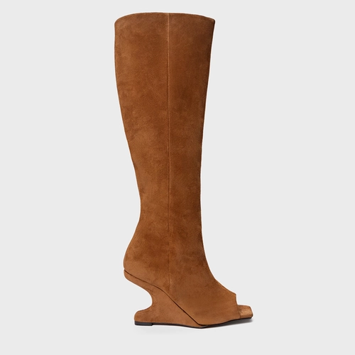 Bota Peep Toe Cano Alto Anabela Curve Couro Suede Marrom Saddle