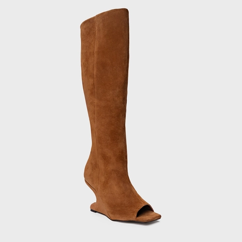 Bota Peep Toe Cano Alto Anabela Curve Couro Suede Marrom Saddle