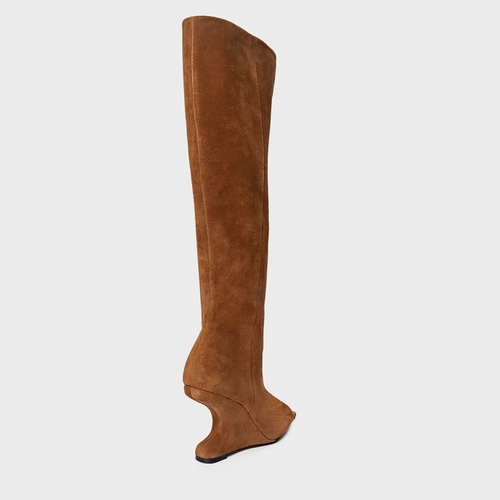 Bota Peep Toe Cano Alto Anabela Curve Couro Suede Marrom Saddle