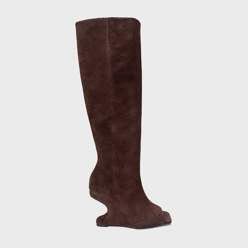 Bota Peep Toe Cano Alto Anabela Curve Couro Suede Marrom Ganache