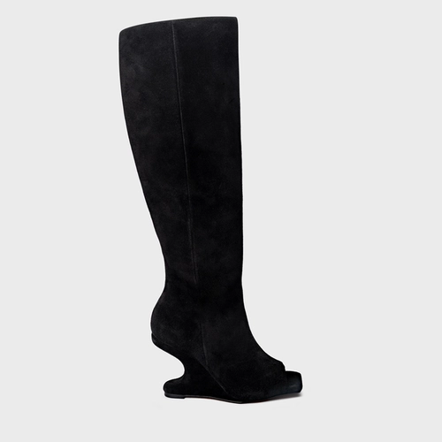 Bota Peep Toe Cano Alto Anabela Curve Couro Suede Preto