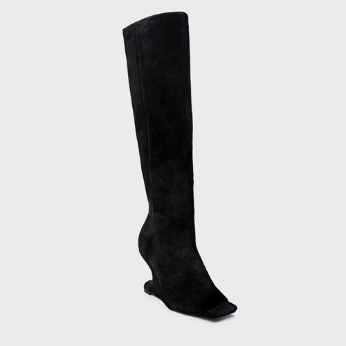 Bota Peep Toe Cano Alto Anabela Curve Couro Suede Preto