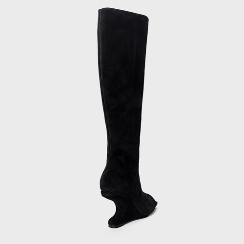 Bota Peep Toe Cano Alto Anabela Curve Couro Suede Preto