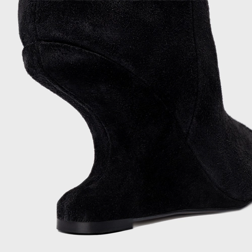 Bota Peep Toe Cano Alto Anabela Curve Couro Suede Preto