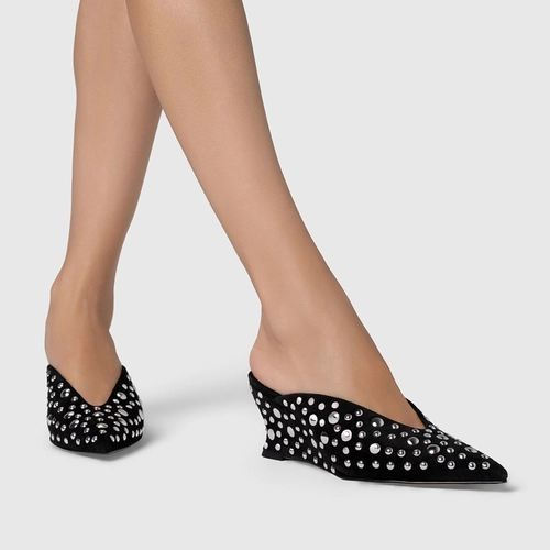 Mule Balls Salto Anabela Slim Couro Suede Preto