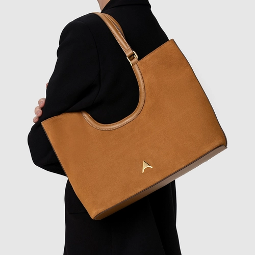 Bolsa Shopping Ashley Média Couro Suede Marrom Saddle
