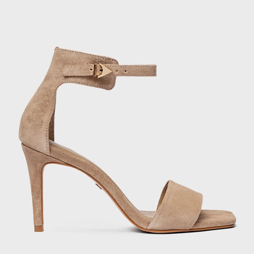 Sandália Minimalist Salto Fino Couro Suede Bege Funghi