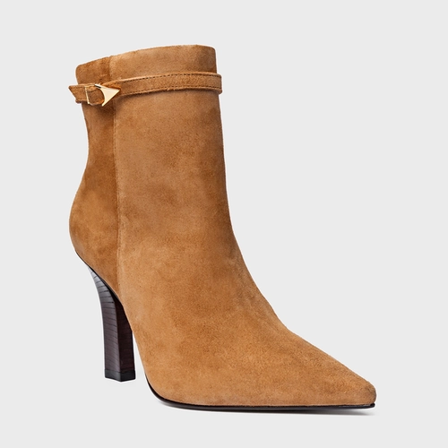 Bota Minimalist Salto Bloco Slim Couro Suede Marrom Saddle