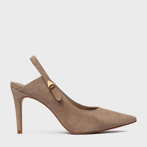 Scarpin Slingback Minimalist Salto Fino Couro Suede Bege Funghi