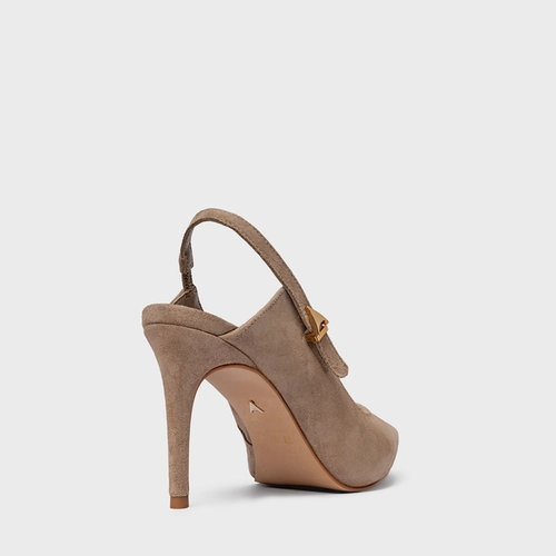 Scarpin Slingback Minimalist Salto Fino Couro Suede Bege Funghi