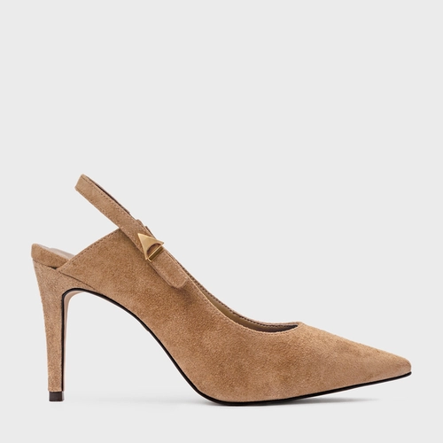 Scarpin Slingback Minimalist Salto Fino Couro Suede Bege Almond