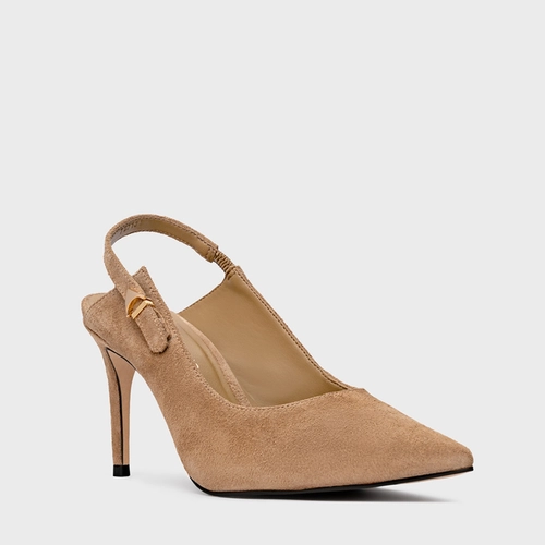 Scarpin Slingback Minimalist Salto Fino Couro Suede Bege Almond