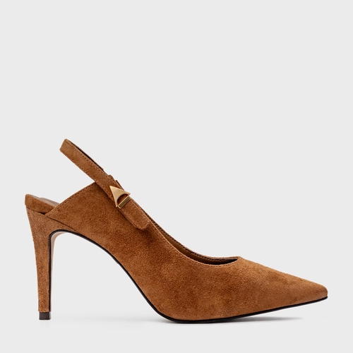 Scarpin Slingback Minimalist Salto Fino Couro Suede Marrom Saddle