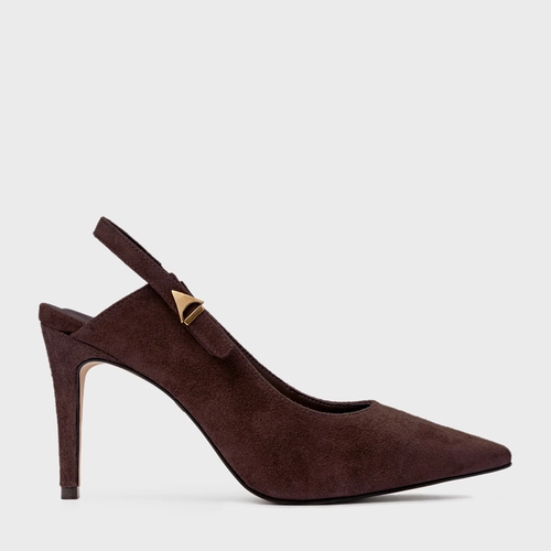 Scarpin Slingback Minimalist Salto Fino Couro Suede Marrom Ganache