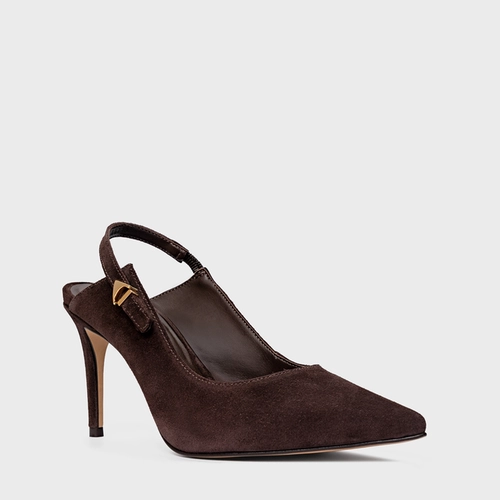 Scarpin Slingback Minimalist Salto Fino Couro Suede Marrom Ganache