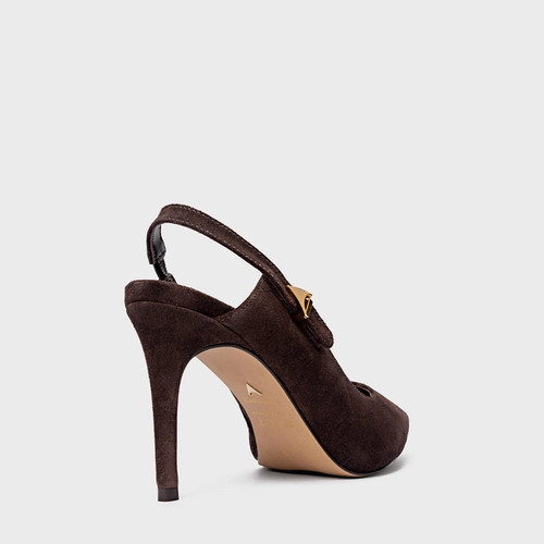 Scarpin Slingback Minimalist Salto Fino Couro Suede Marrom Ganache