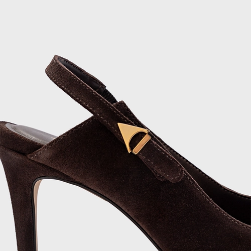 Scarpin Slingback Minimalist Salto Fino Couro Suede Marrom Ganache