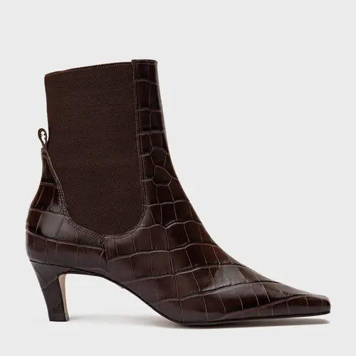 Bota Basic Elástico Salto Fino Couro Croco Marrom Dark Chocolate