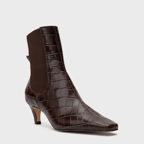 Bota Basic Elástico Salto Fino Couro Croco Marrom Dark Chocolate