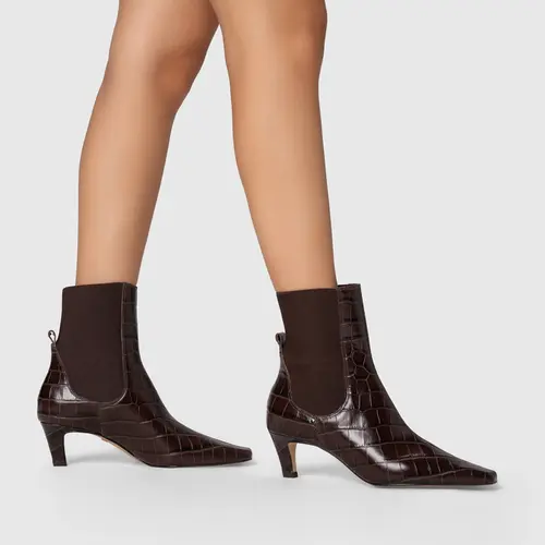 Bota Basic Elástico Salto Fino Couro Croco Marrom Dark Chocolate