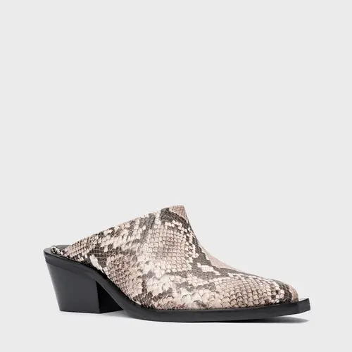 Mule Western Salto Bloco Couro Snake Animal Print Natural