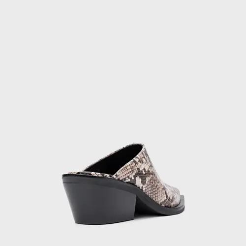 Mule Western Salto Bloco Couro Snake Animal Print Natural