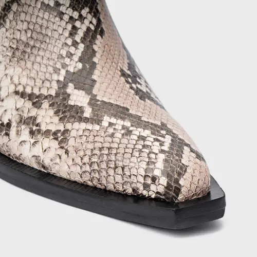Mule Western Salto Bloco Couro Snake Animal Print Natural