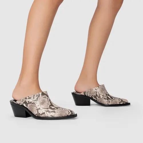 Mule Western Salto Bloco Couro Snake Animal Print Natural
