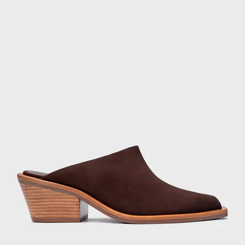 Mule Western Salto Bloco Couro Suede Marrom Root Brown