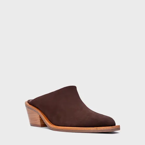Mule Western Salto Bloco Couro Suede Marrom Root Brown