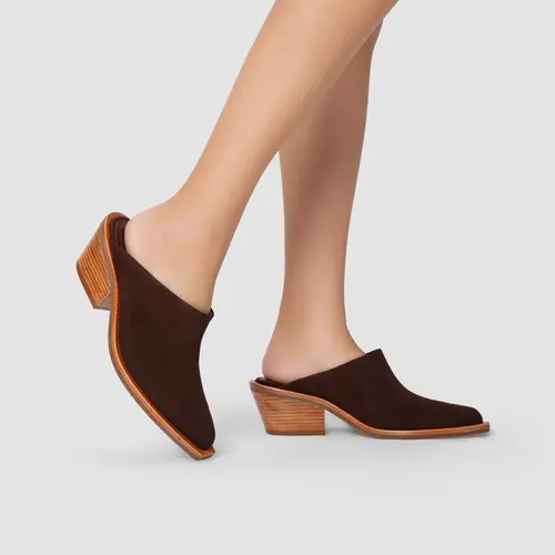 Mule Western Salto Bloco Couro Suede Marrom Root Brown