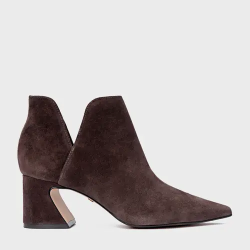 Bota Recorte Salto Wave Couro Suede Marrom Ganache