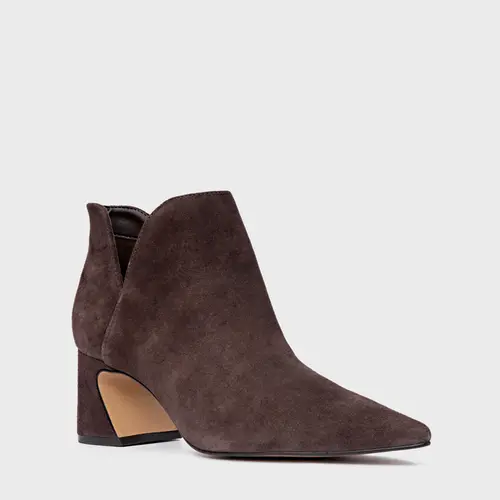 Bota Recorte Salto Wave Couro Suede Marrom Ganache