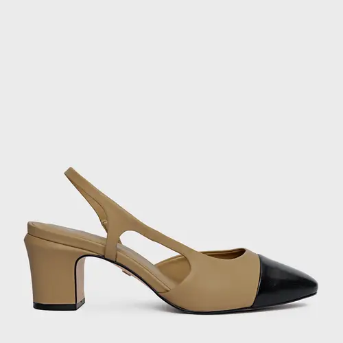 Scarpin Slingback Cap Toe Salto Bloco Couro Bege Almond