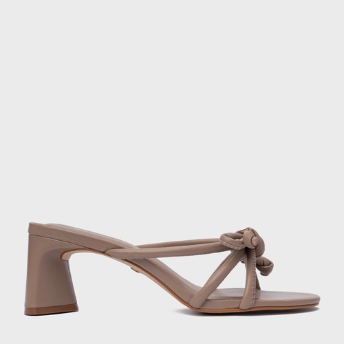 Open Mule Puffy Knot Salto Bloco Couro Bege Beaver