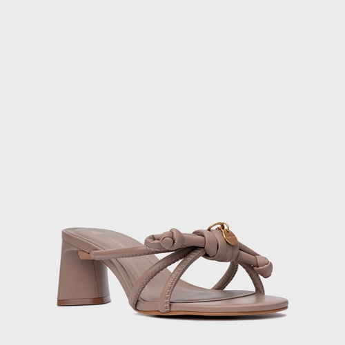 Open Mule Puffy Knot Salto Bloco Couro Bege Beaver